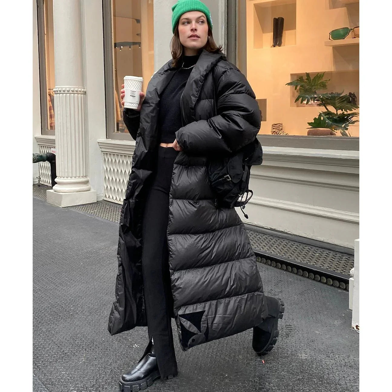Playboy Belted Long Puffer giacca lunga nera calda
