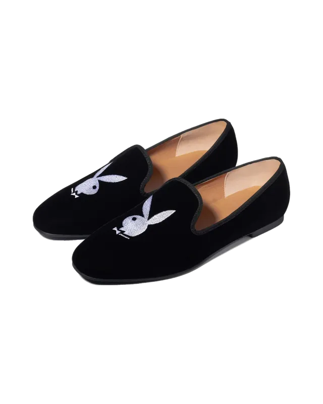 Playboy Rabbit Head mocassini uomo neri ricamati