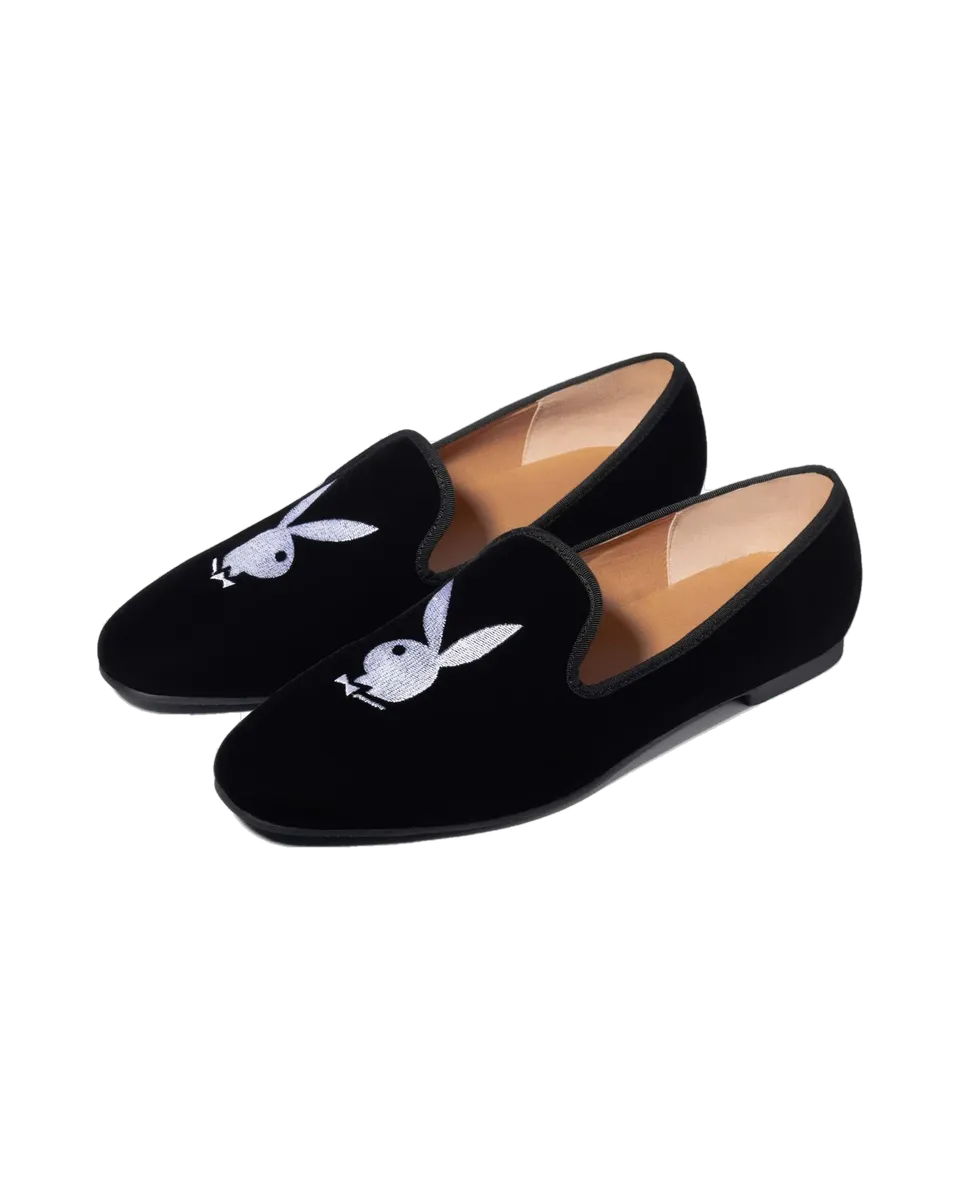 Playboy Rabbit Head mocassini uomo neri ricamati