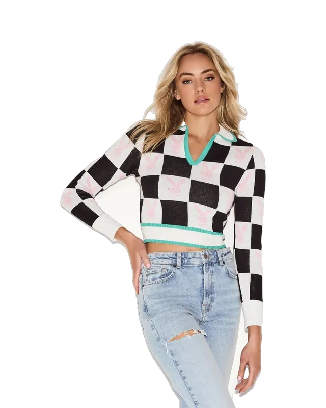 Playboy Checkerboard Top maglia crop scacchi bianco