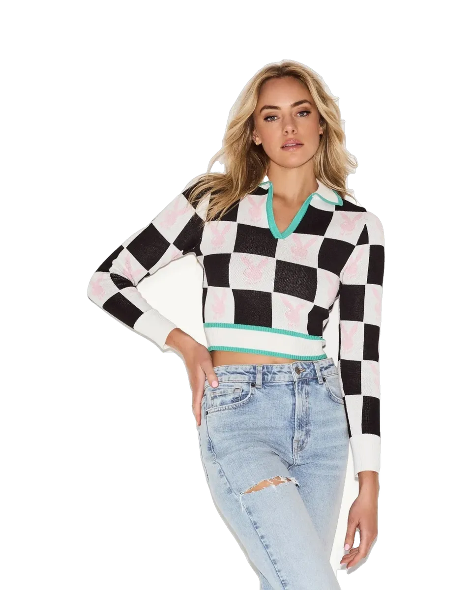 Playboy Checkerboard Top maglia crop scacchi bianco