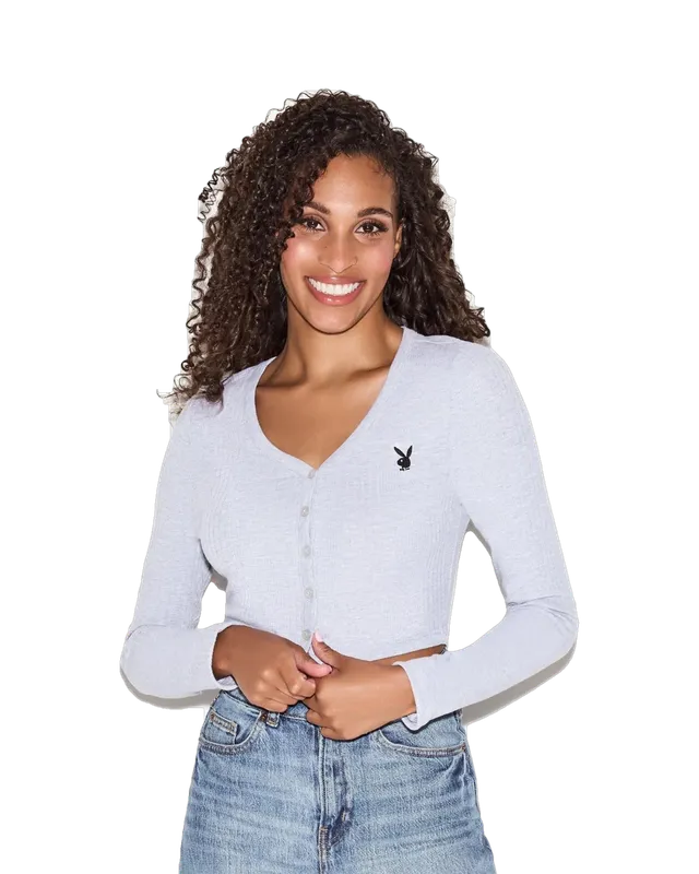 Playboy Classic Logo cardigan grigio cotone attillato