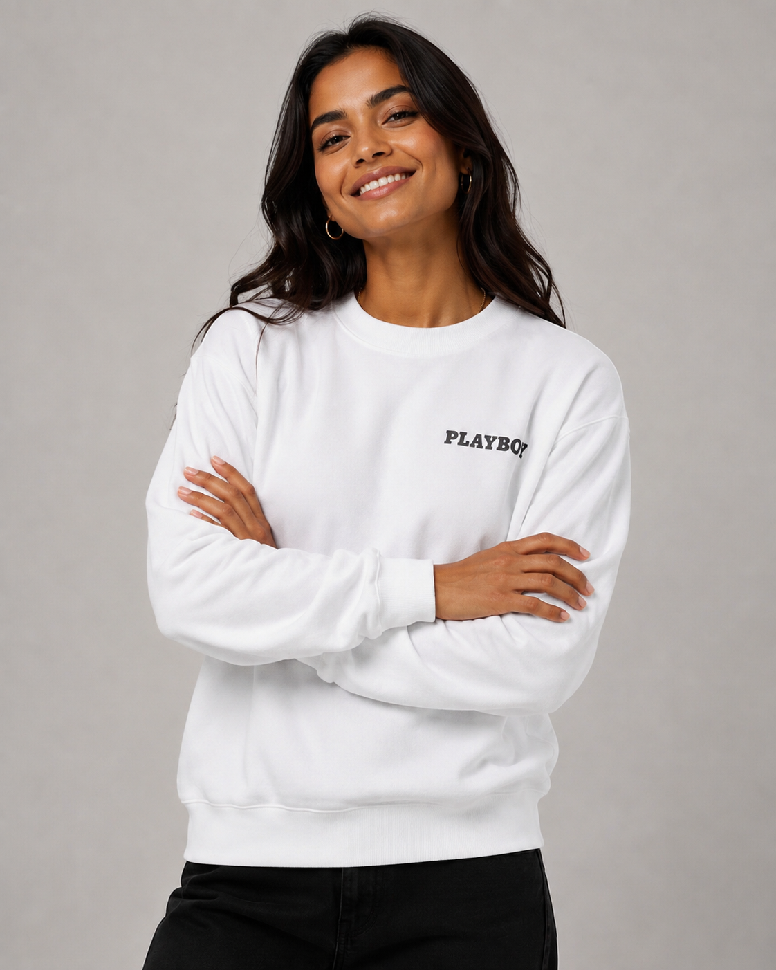 Playboy Peaches Script Crewneck felpa girocollo bianca