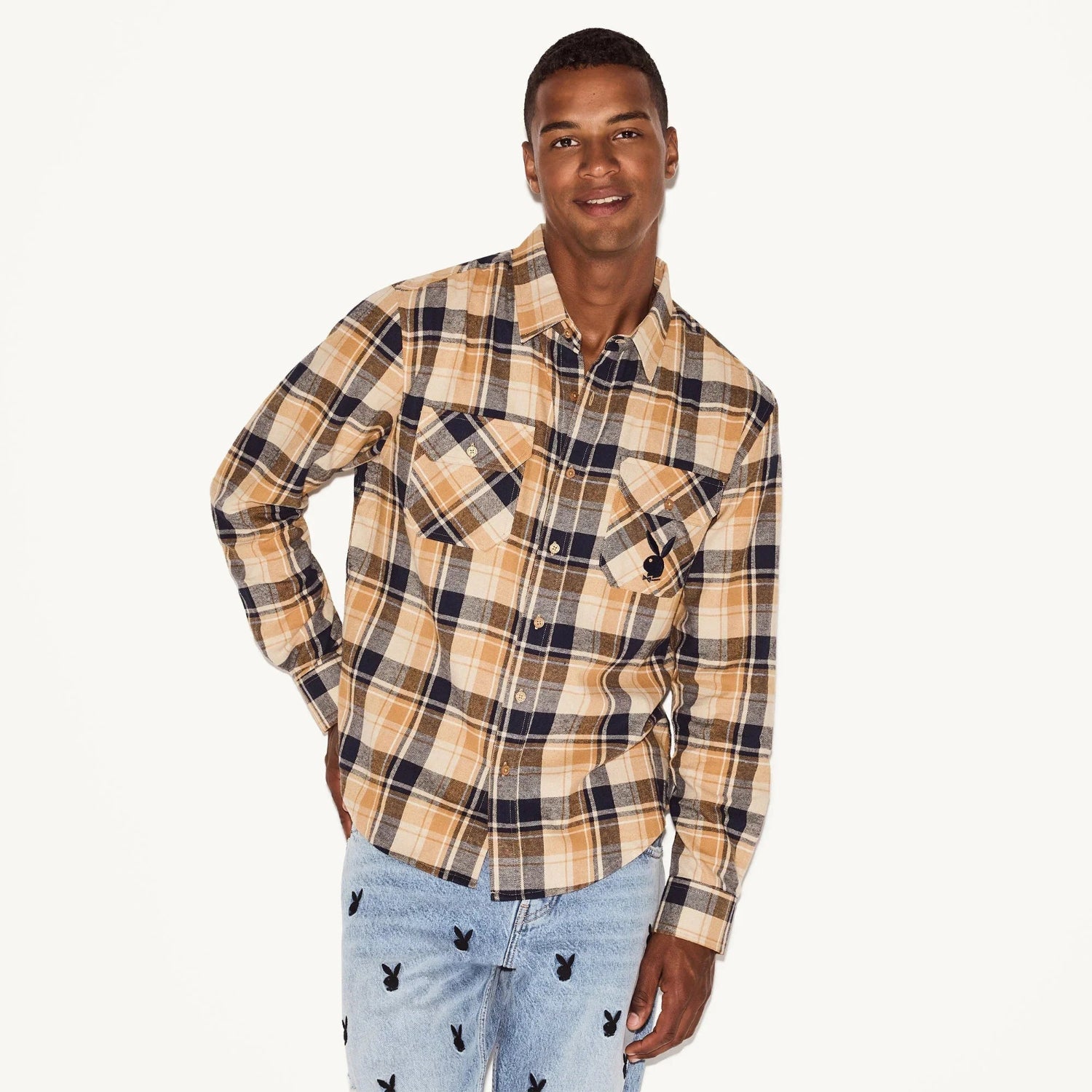 Playboy Tan Flannel camicia uomo tan plaid flanella