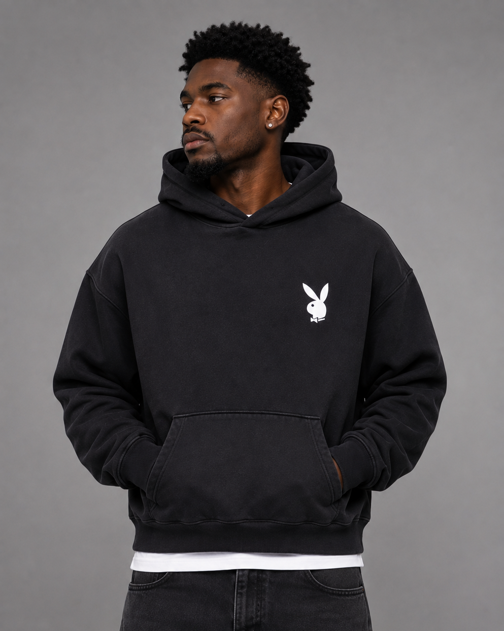 Playboy Class felpa cappuccio nera stampa archivio unisex