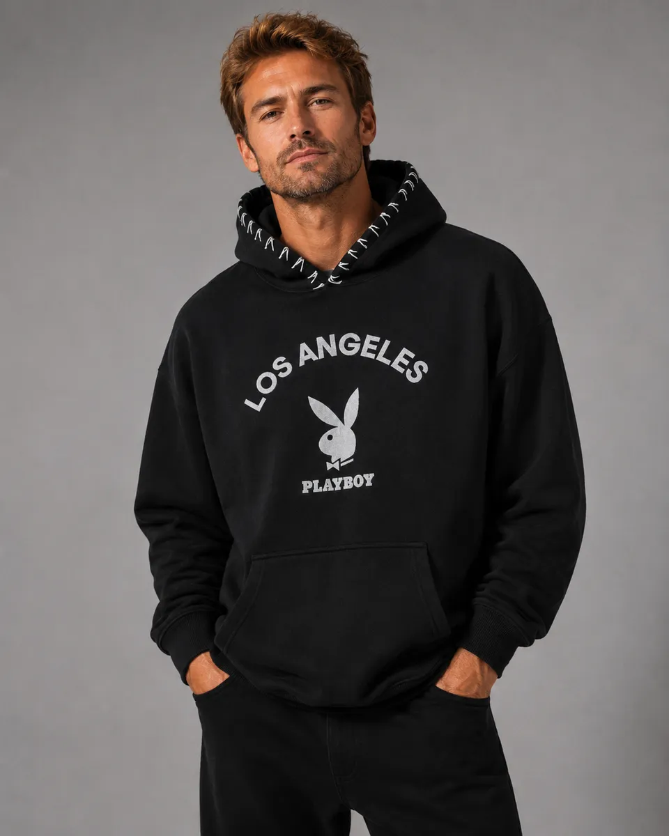 Playboy LA Hoodie felpa nera cappuccio cotone L