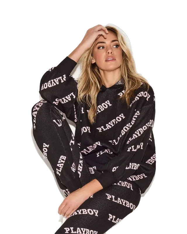 Playboy Masthead Intarsia felpa cappuccio nera donna