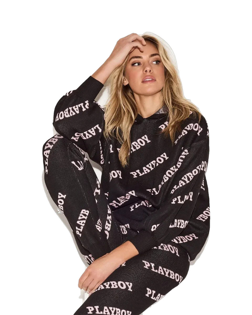Playboy Masthead Intarsia felpa cappuccio nera donna