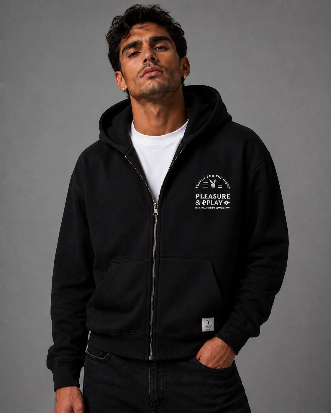 Playboy Play PB Zip Up felpa con cappuccio nero cotone