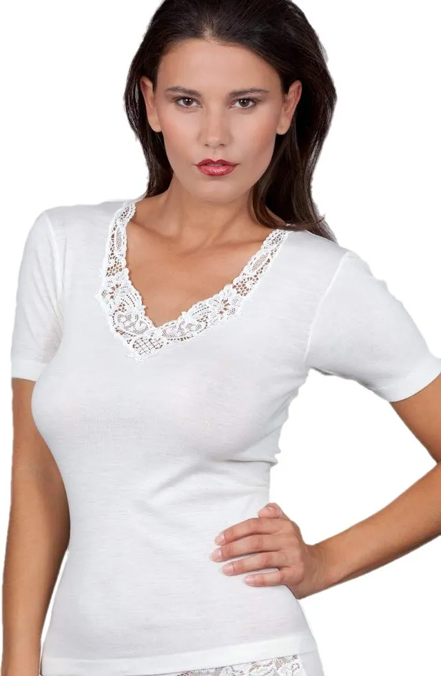 Egi maglia lana e seta manica corta M scollo pizzo