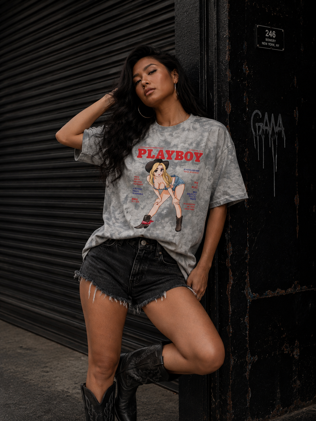 Playboy Tokyo Club Cowgirl T-Shirt Tie-Dye Grigia in Cotone