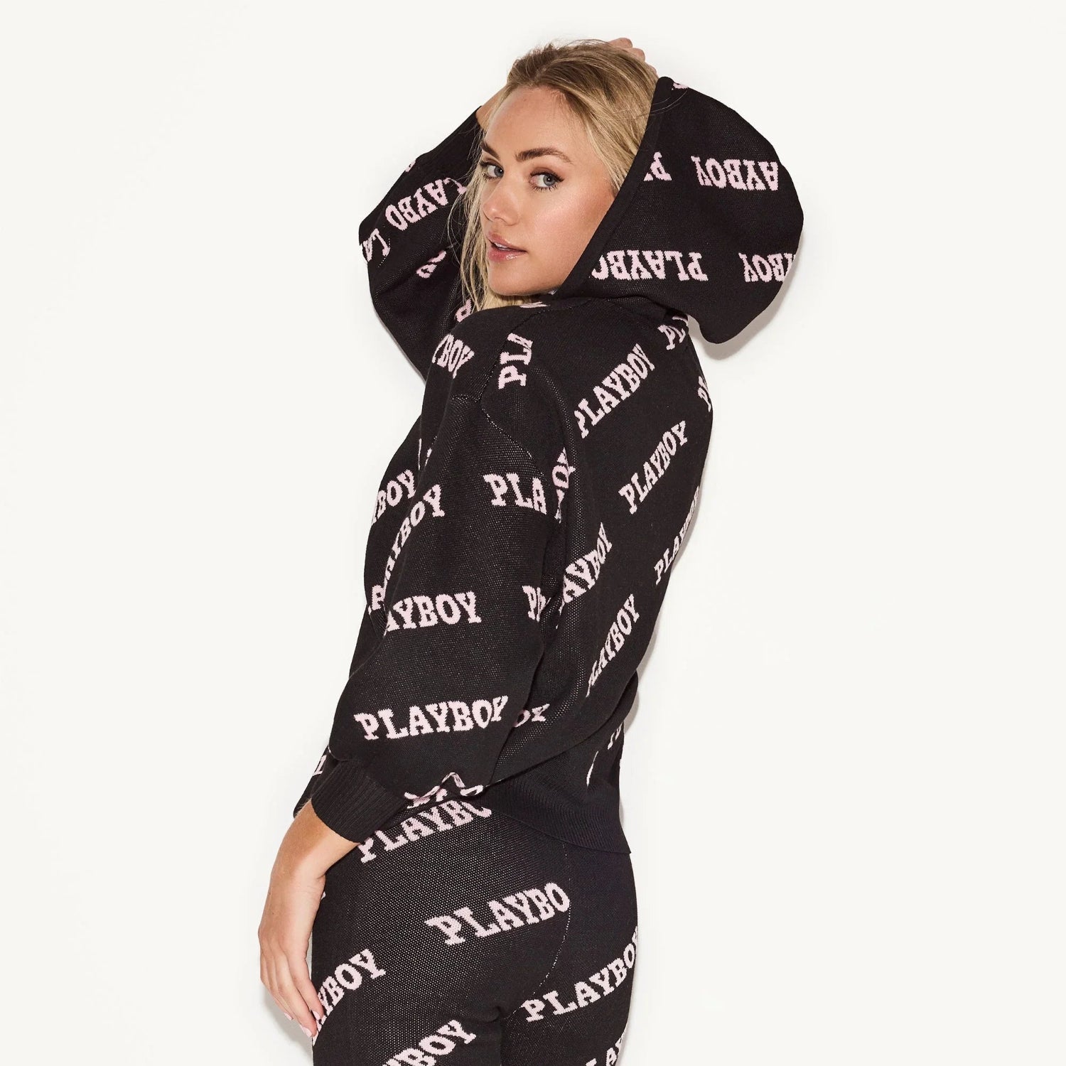 Playboy Masthead Intarsia felpa cappuccio nera donna