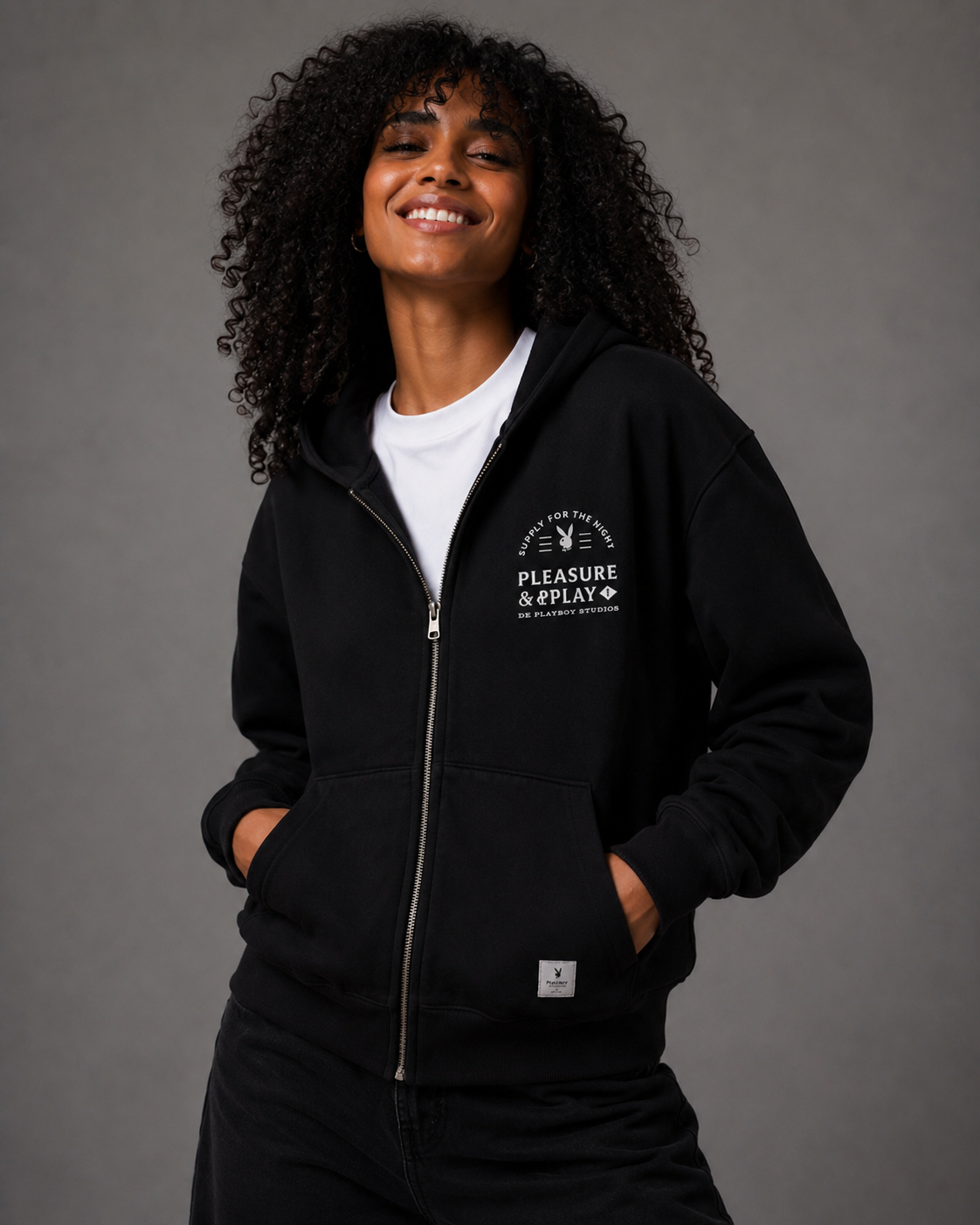 Playboy Play PB Zip Up felpa con cappuccio nero cotone