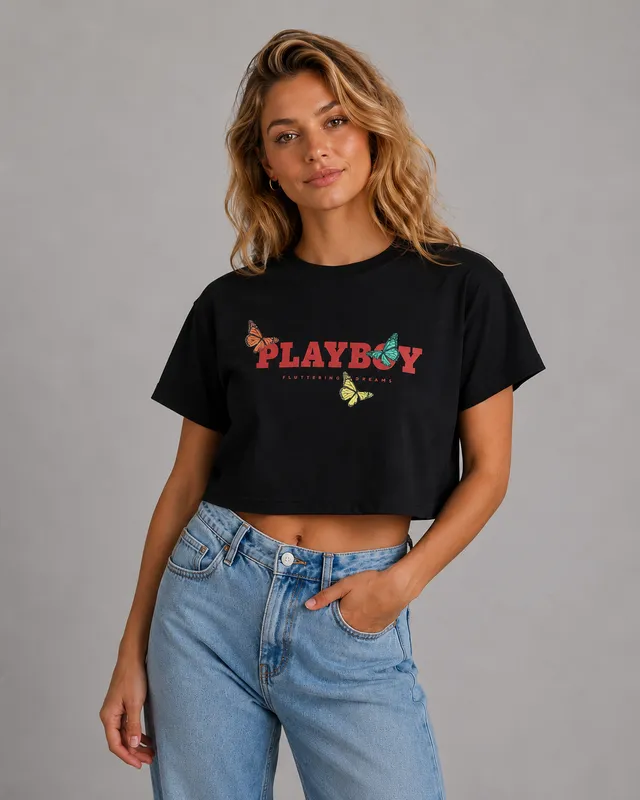 Playboy Butterfly Crop Tee maglietta crop bianca in cotone