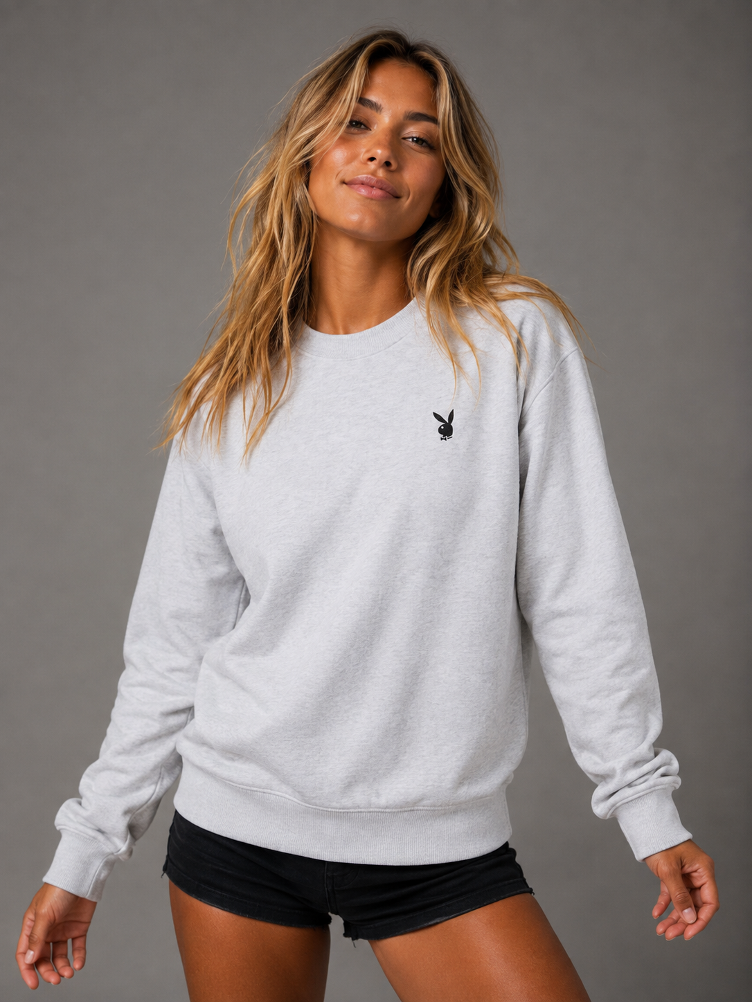 Playboy Bunny Basics felpa girocollo grigia in cotone