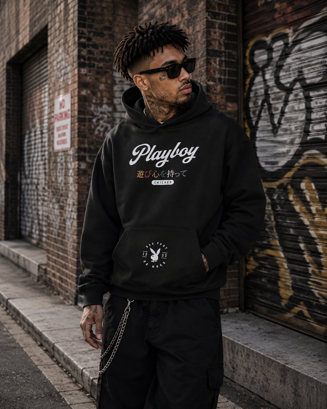 Playboy Chicago felpa cappuccio unisex nera cotone