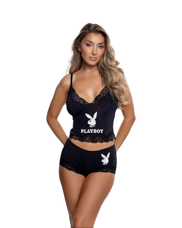Playboy Cheeky Bunny set lounge cami nero pizzo