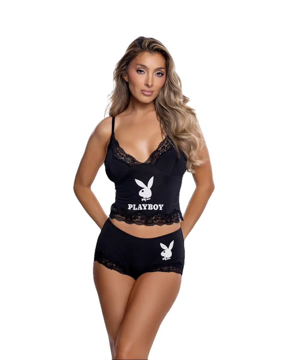 Playboy Cheeky Bunny set lounge cami nero pizzo
