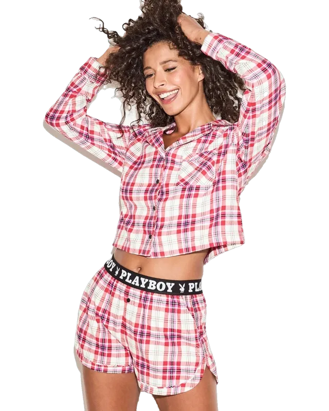 Playboy Flannel Sleep Short shorts rosa quadri elastico