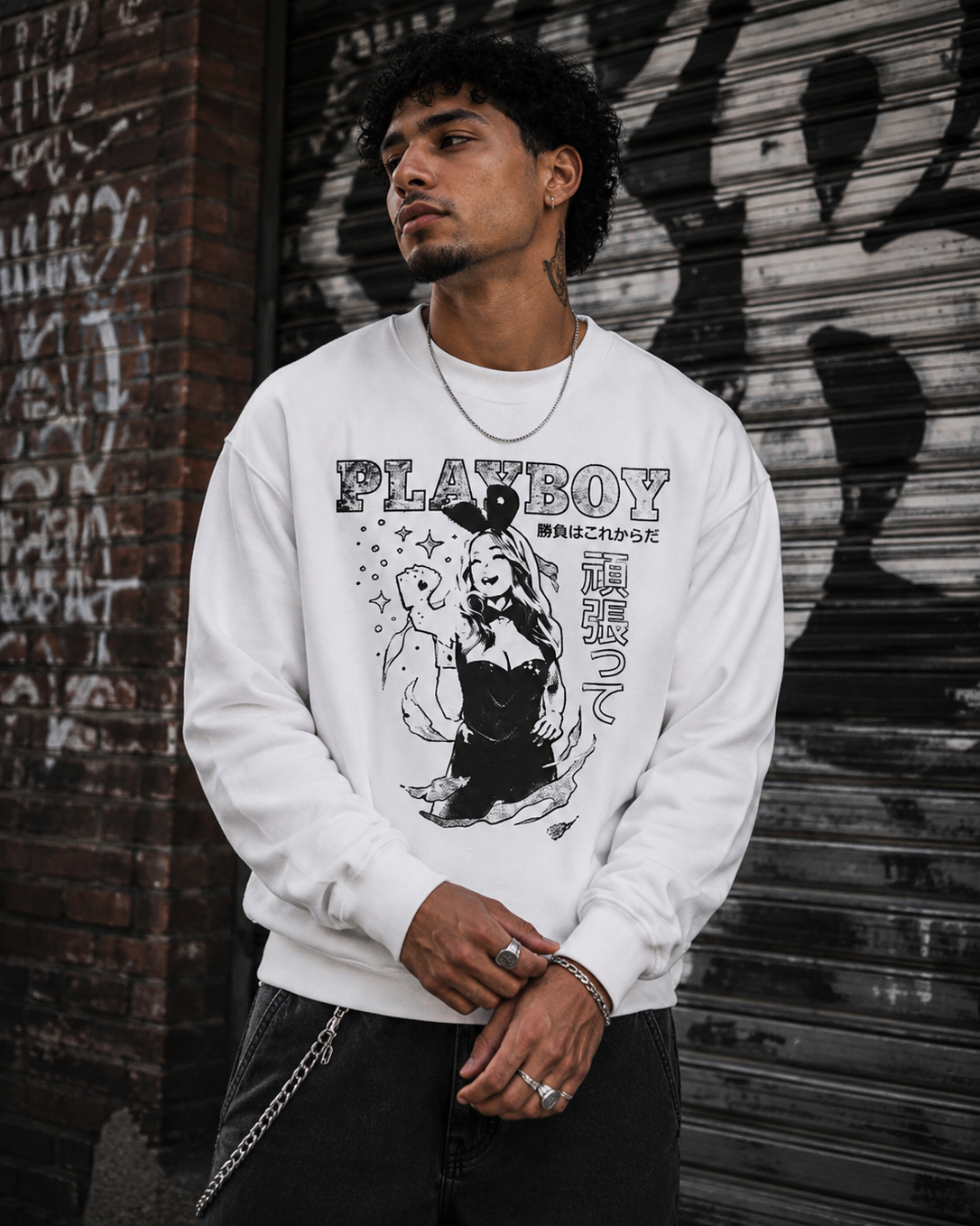 Playboy Bunny Luck felpa girocollo bianca cotone
