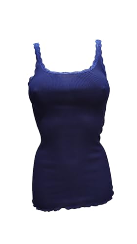 Egi Top Cotone Seta Blu Giro Pizzo Plissé Taglia L
