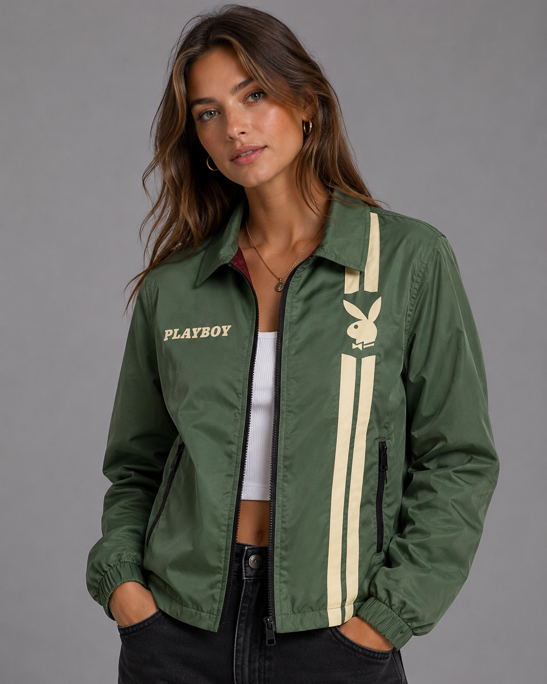 Playboy Stripe Windbreaker giacca antivento oliva