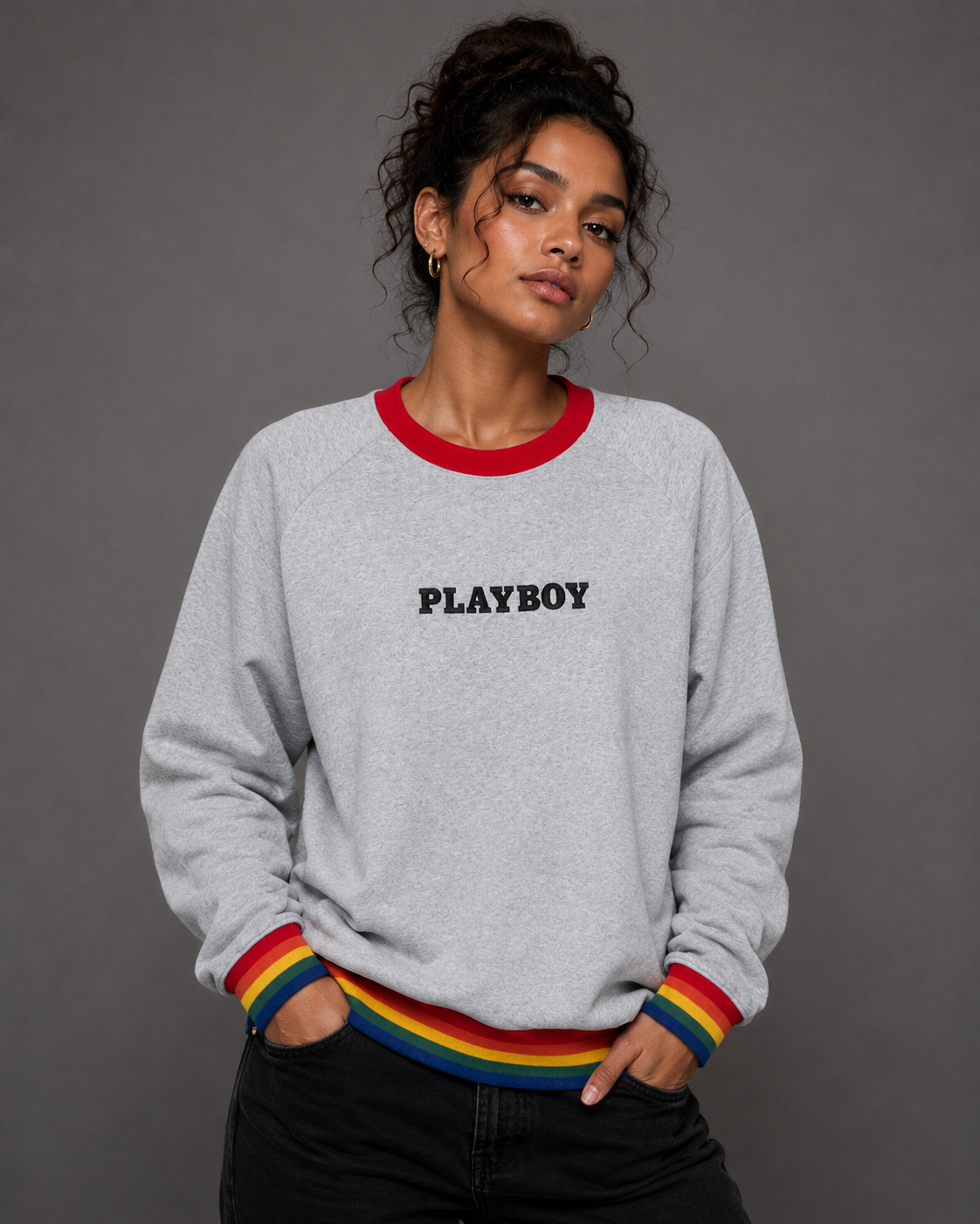 Playboy Rainbow Love felpa unisex grigia cotone poliestere