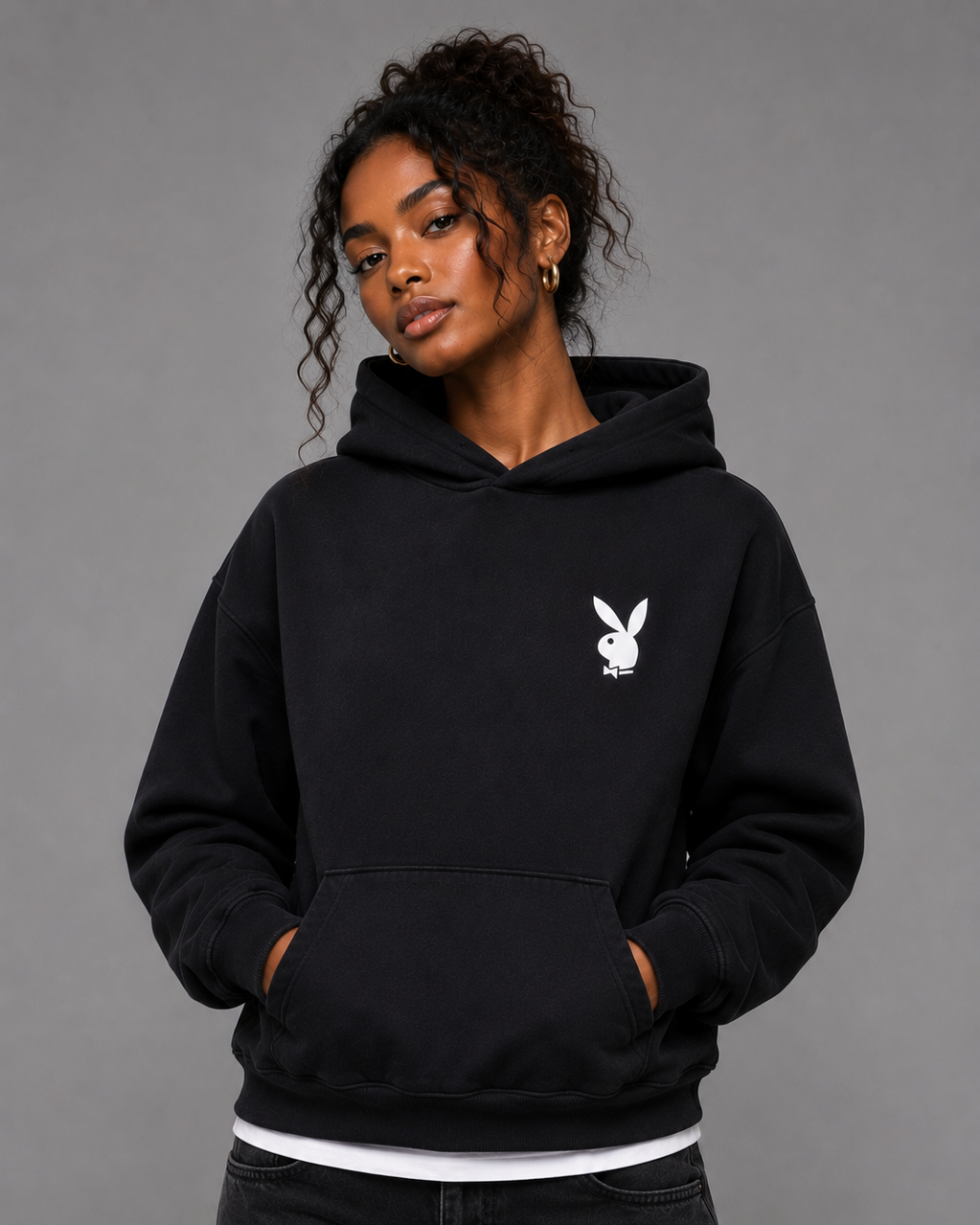 Playboy Class felpa cappuccio nera stampa archivio unisex