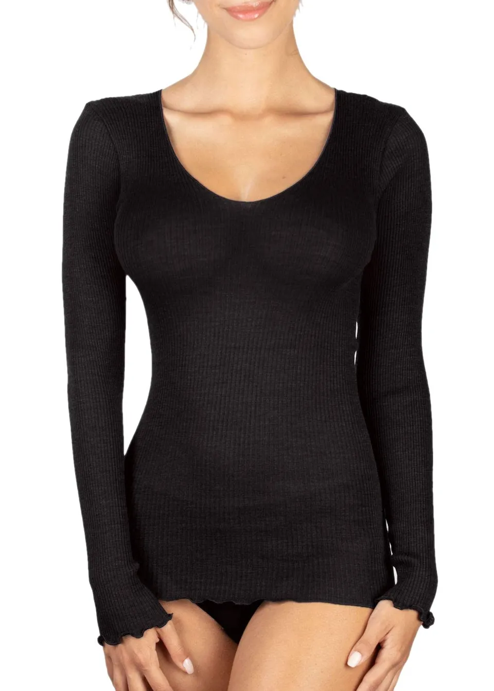 Egi Maglia Costine Donna Lana e Seta Manica Lunga Nero