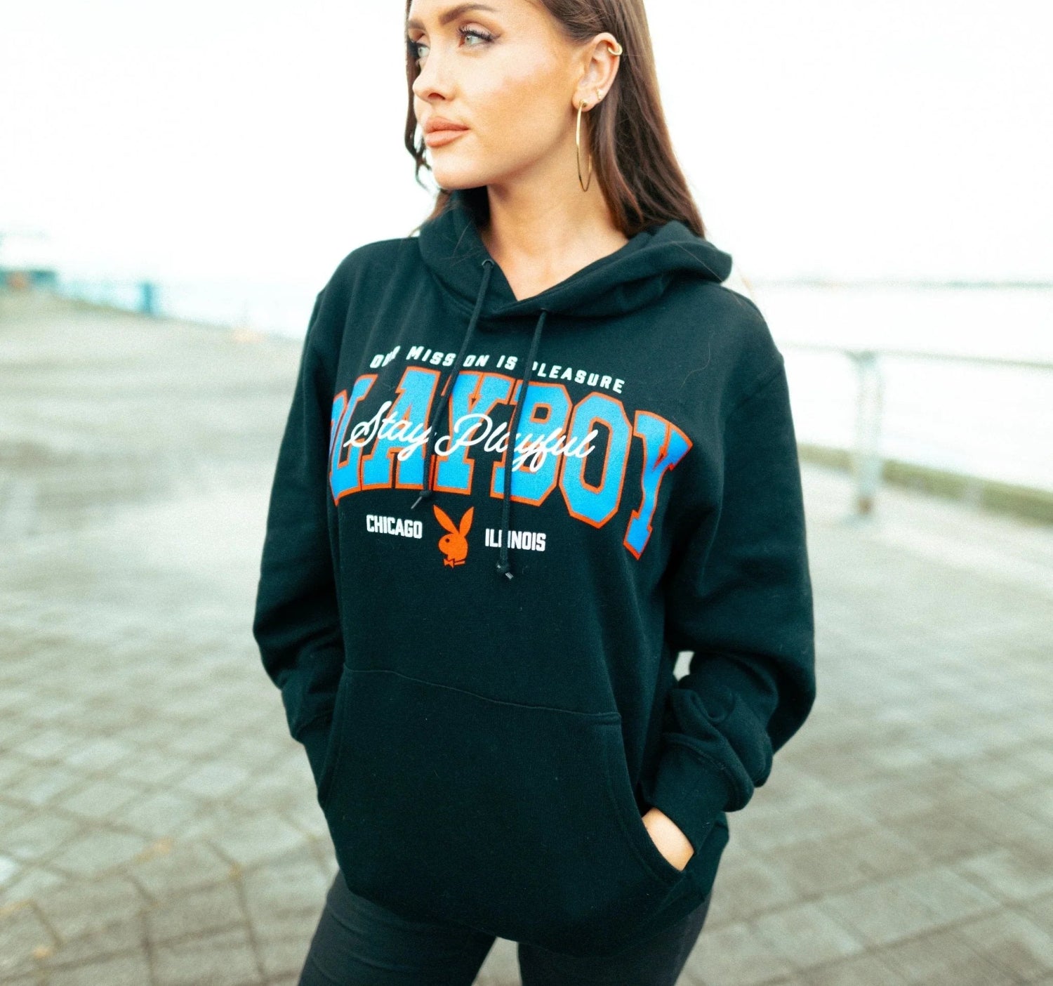 Playboy Letterman Felpa con Cappuccio Nera Varsity