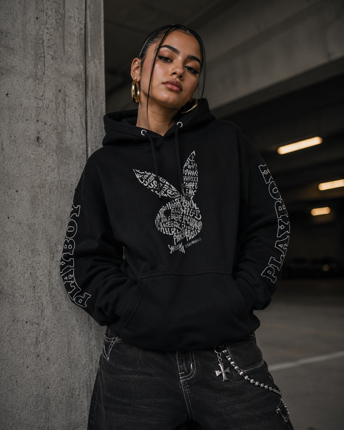 Playboy Script Bunny felpa con cappuccio nera