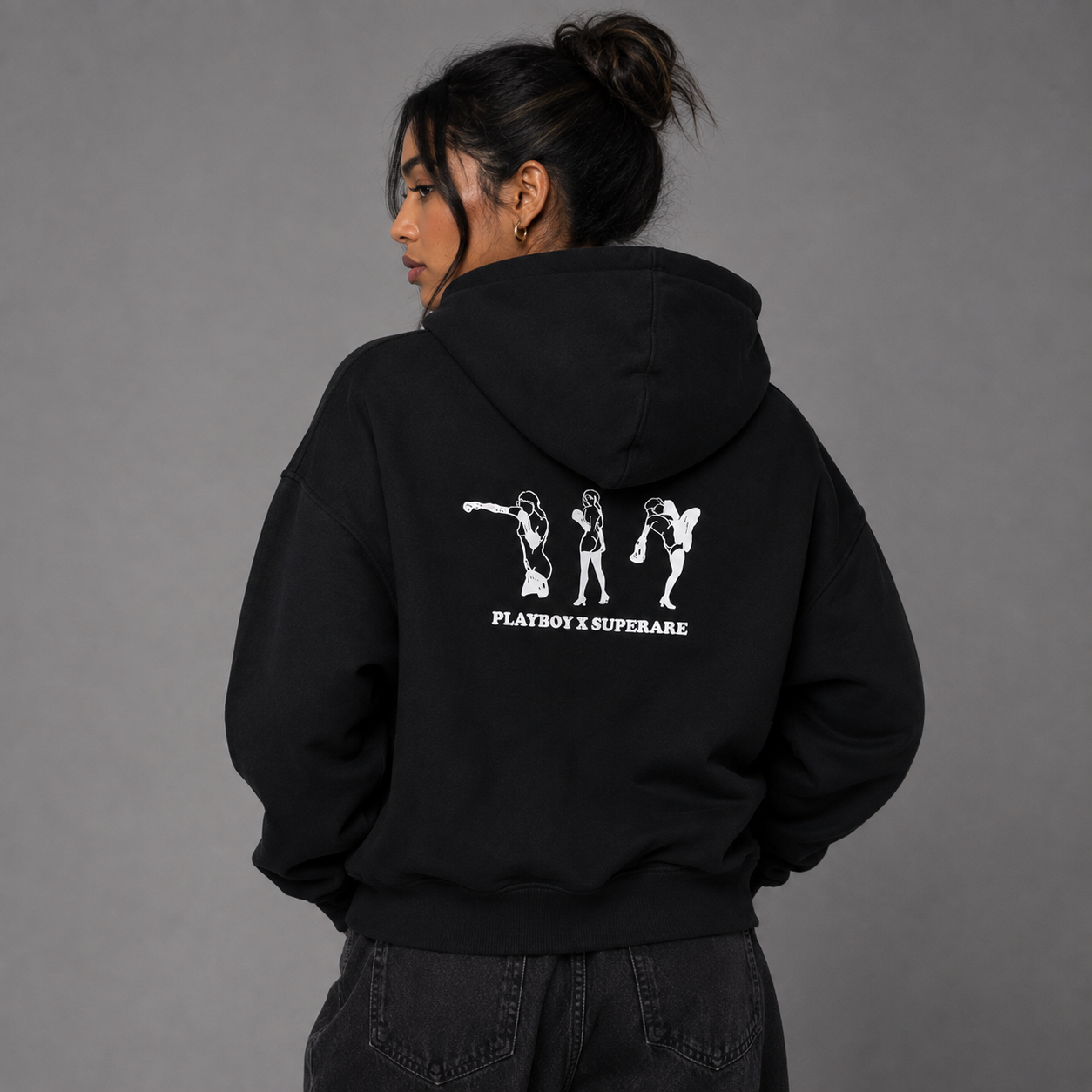 Playboy Knockout Felpa con Cappuccio Nera in Cotone
