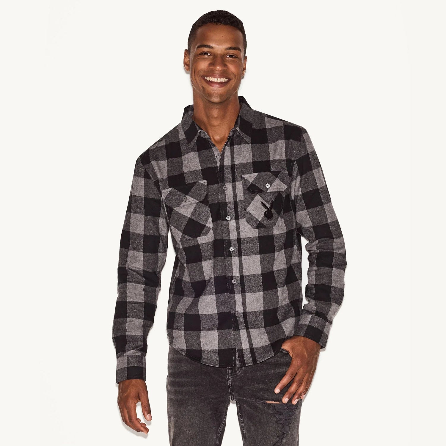 Playboy camicia flanella uomo nera quadri cotone