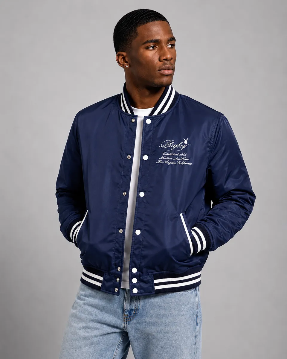 Playboy EST.53 giacca varsity blu con maniche pelle