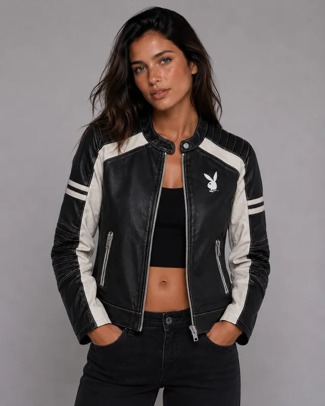 Playboy Jolya Giacca in Pelle Nera Vera Pelle Agnello