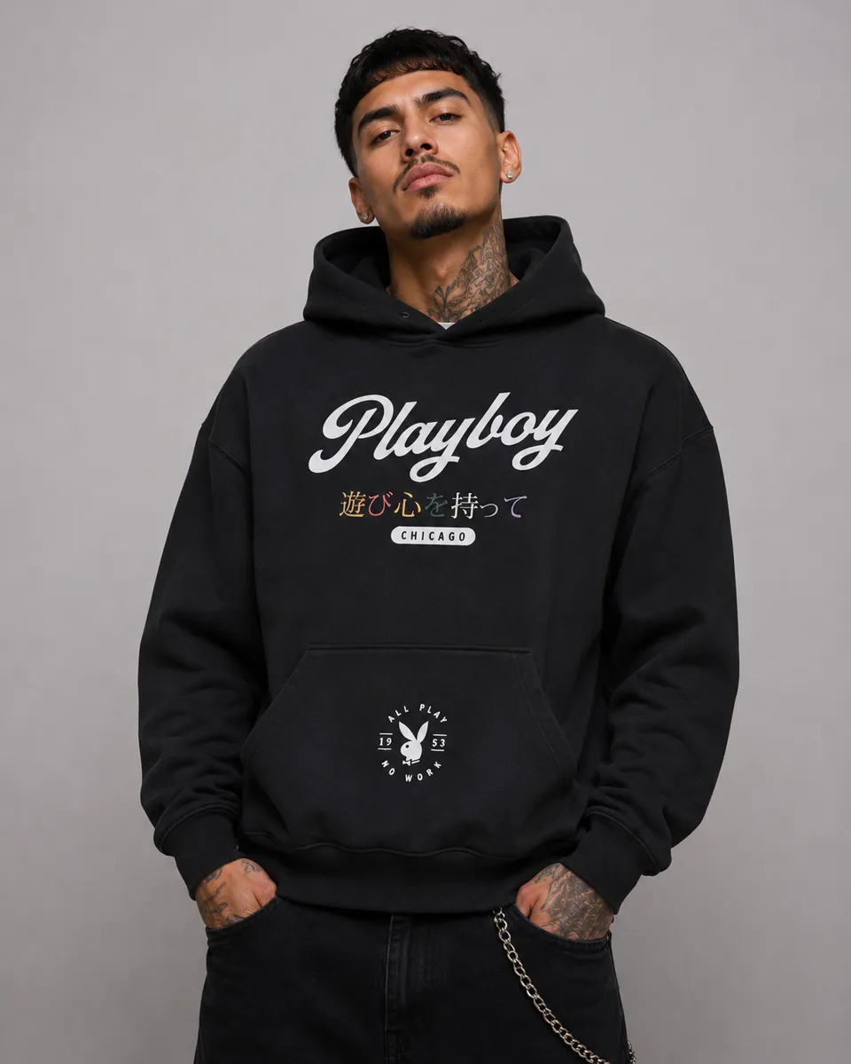 Playboy Chicago felpa cappuccio unisex nera cotone