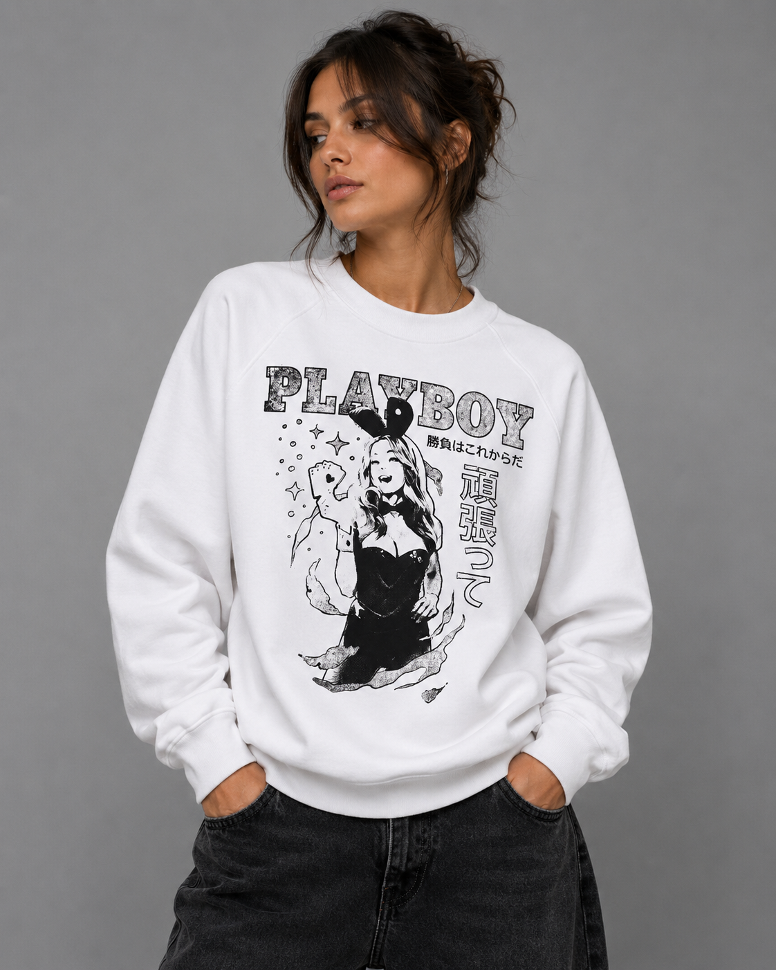 Playboy Bunny Luck felpa girocollo bianca cotone