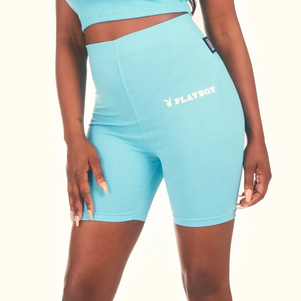 Playboy Logo Biking Shorts blu vita alta cotone