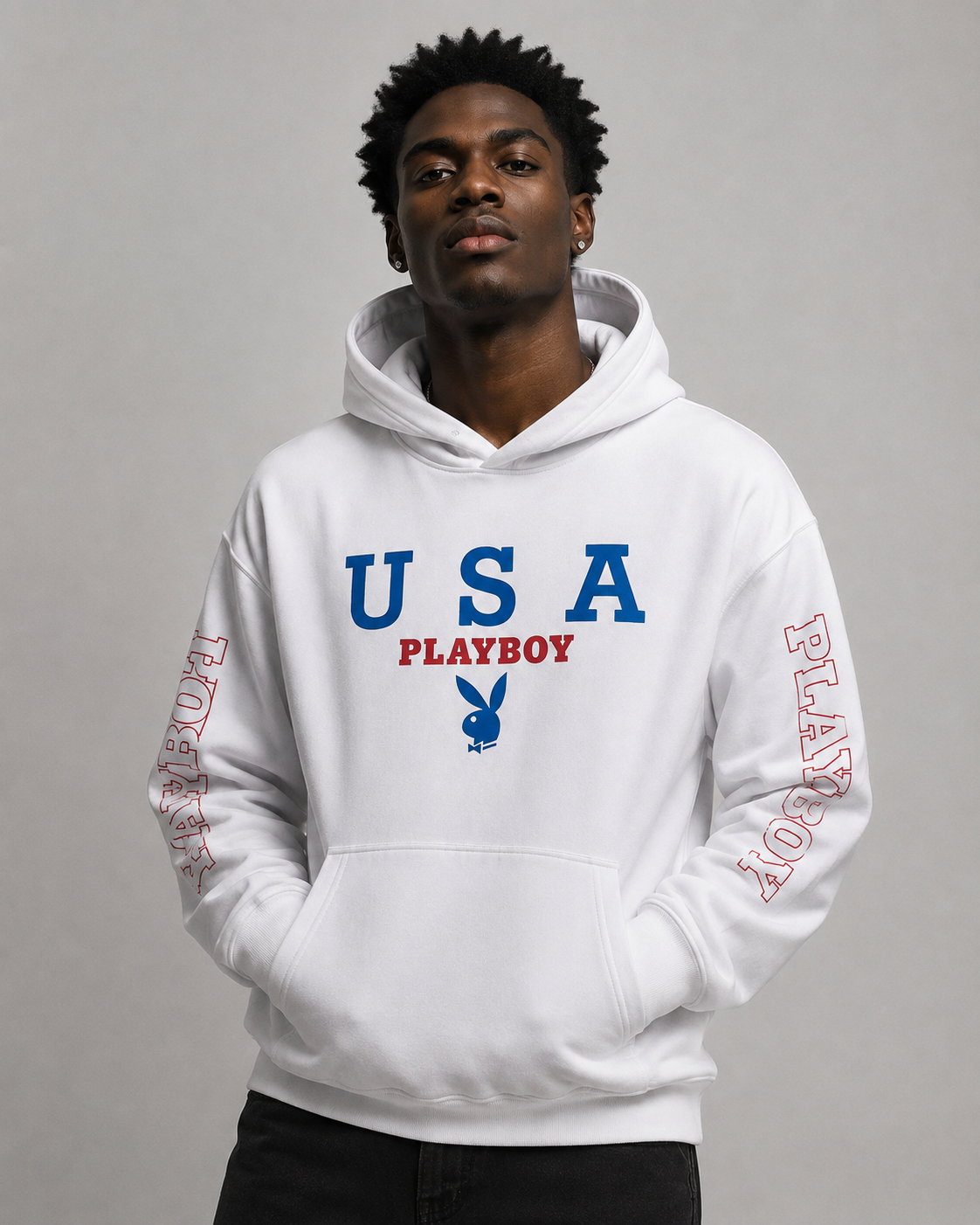 Playboy USA Hoodie felpa con cappuccio bianca fleece