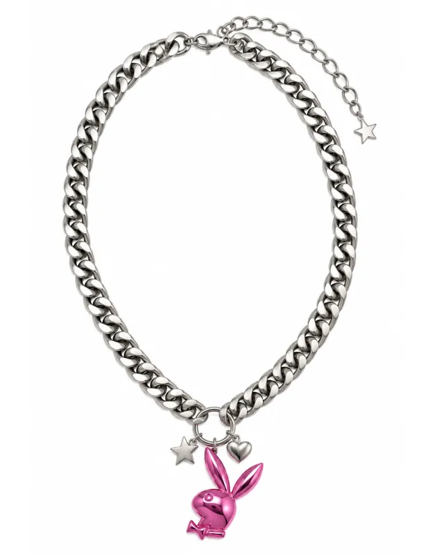 Playboy Rabbit Head 3D collana acciaio argento charms