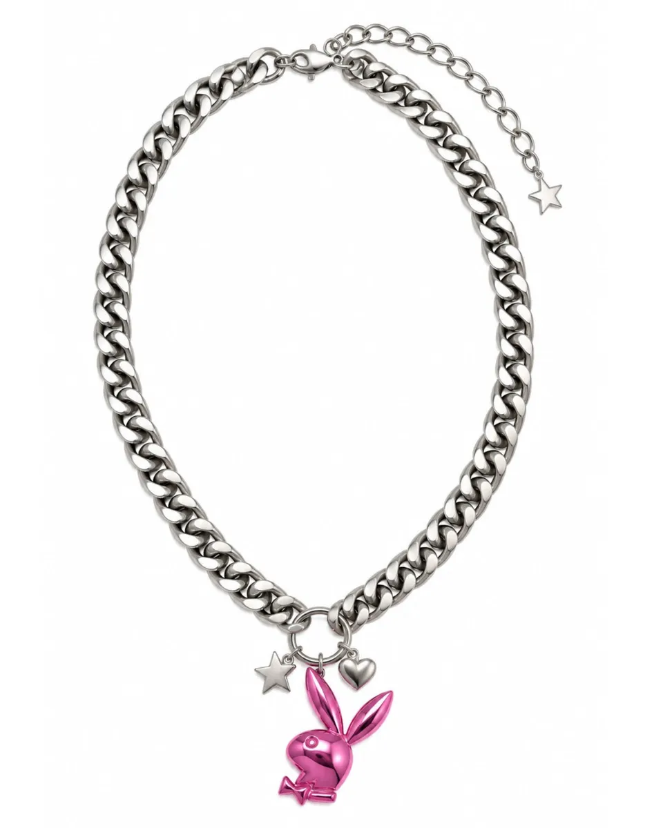 Playboy Rabbit Head 3D collana acciaio argento charms