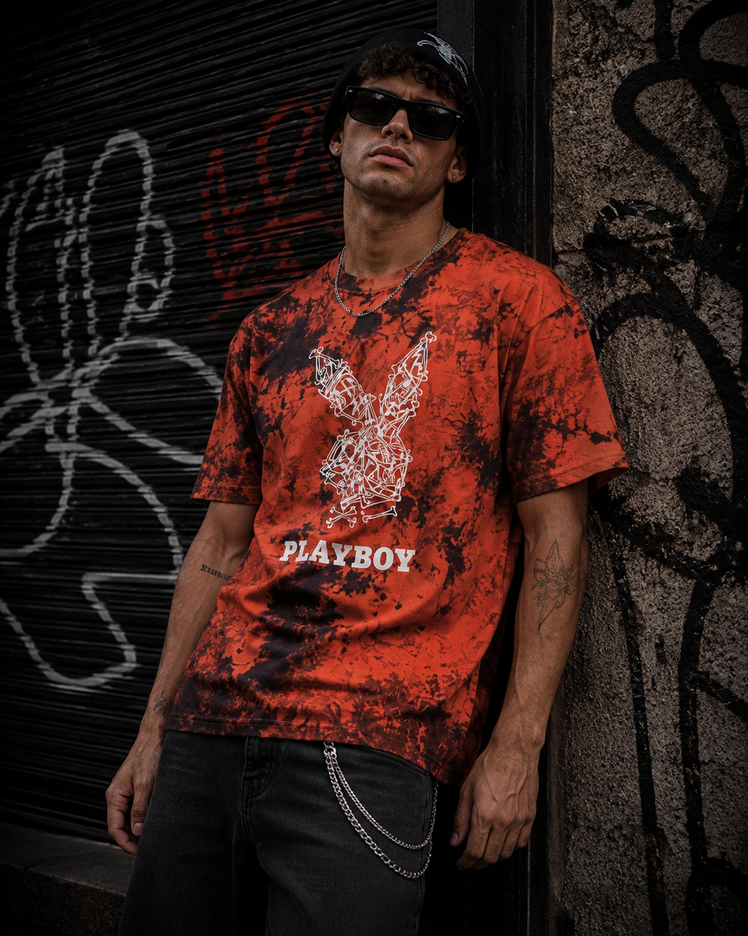 Playboy Skeleton Rabbit Head t-shirt arancione tie dye cotone