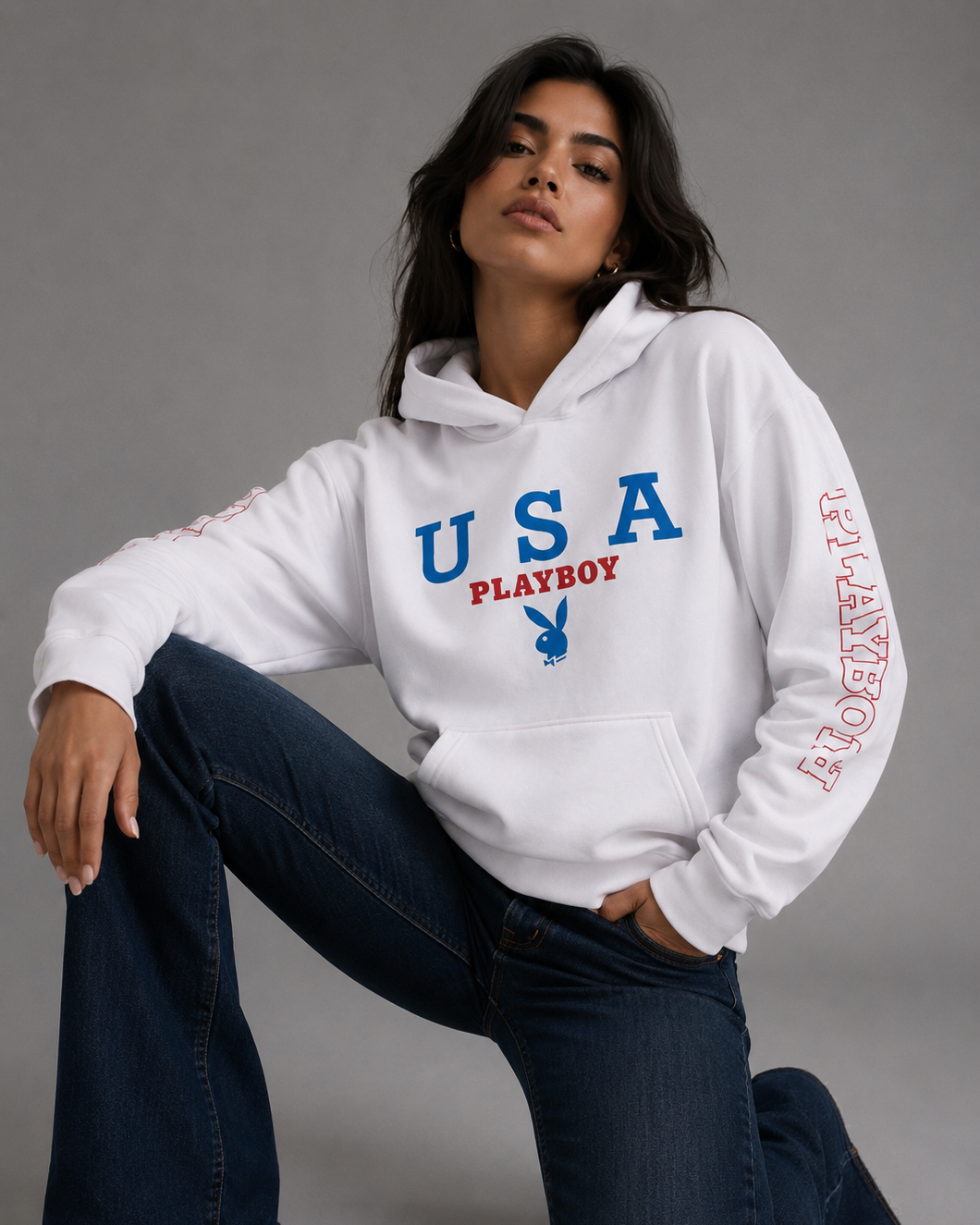 Playboy USA Hoodie felpa con cappuccio bianca fleece