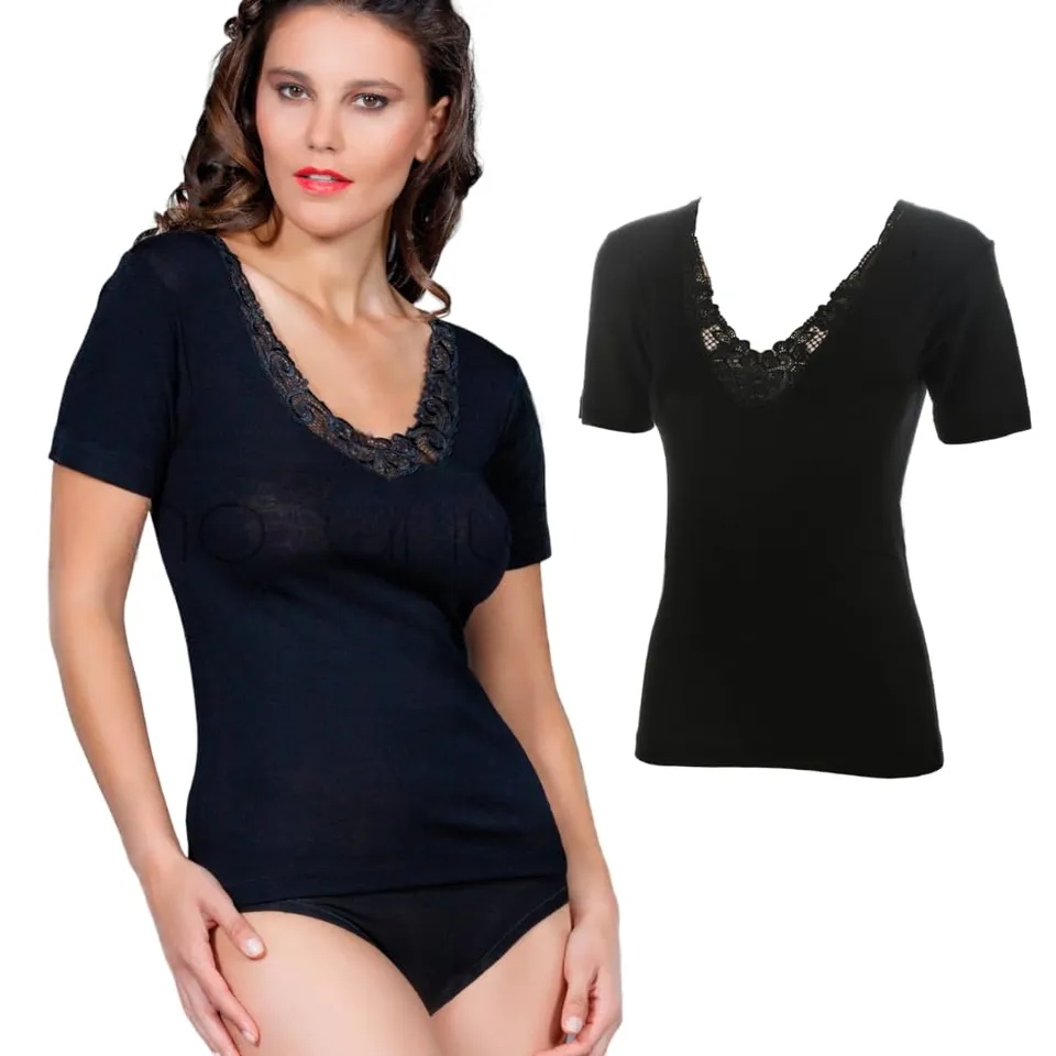 Egi Maglia Lana Seta Pizzo Macramè Manica Corta L