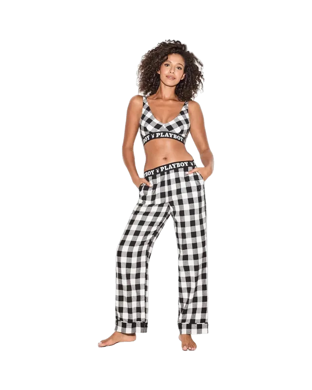 Playboy Flannel pantalone pigiama donna nero quadri morbido