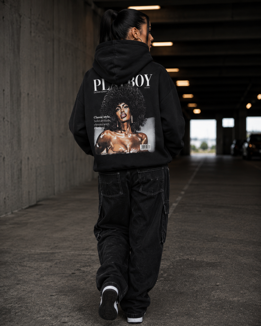 Playboy Class felpa cappuccio nera stampa archivio unisex