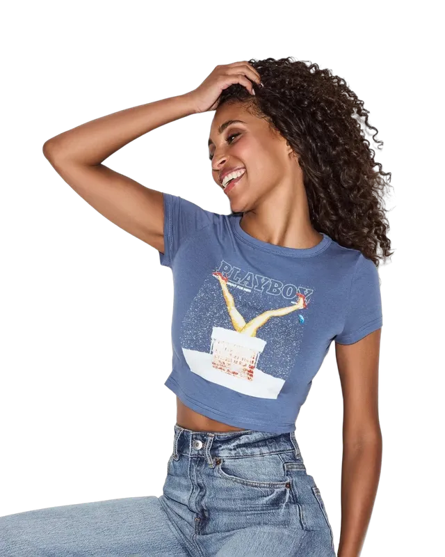 Playboy December 2013 Cover baby tee donna azzurra cotone