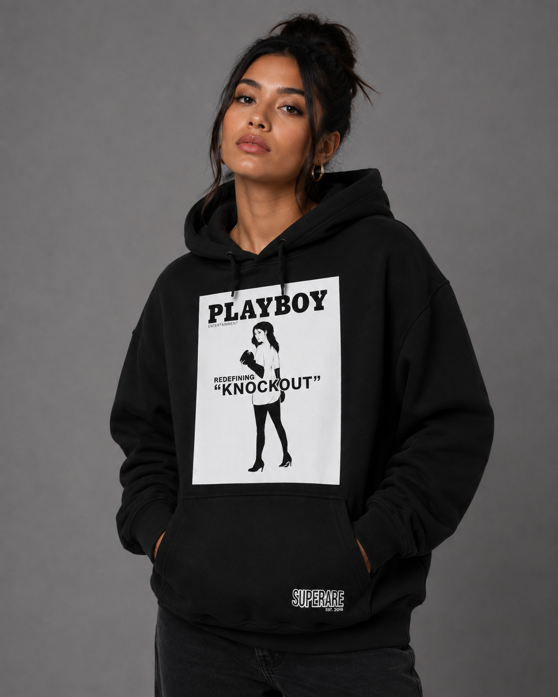 Playboy Knockout Felpa con Cappuccio Nera in Cotone