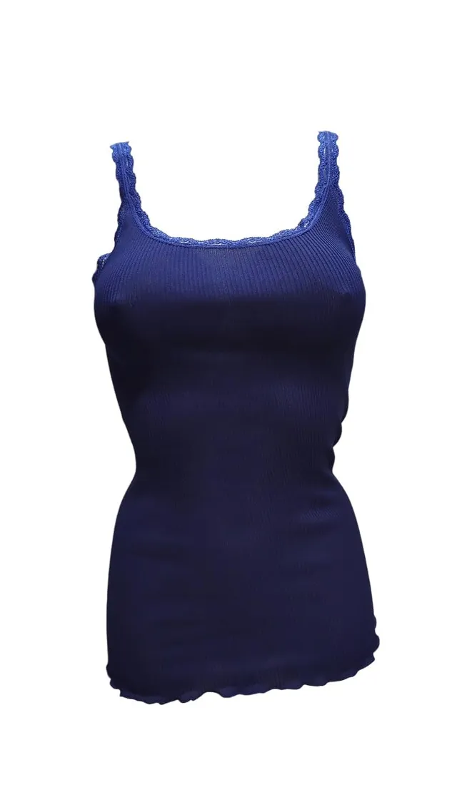 Egi Top Cotone Seta Blu Giro Pizzo Plissé Taglia L
