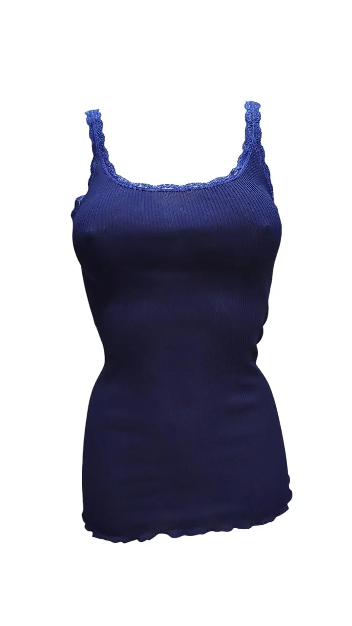 Egi Top Cotone Seta Blu Giro Pizzo Plissé Taglia L